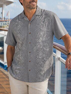 Tommy Bahama Shirt Men’s 4XL Gray Pacific Floral Silk Short Sleeve Button Up